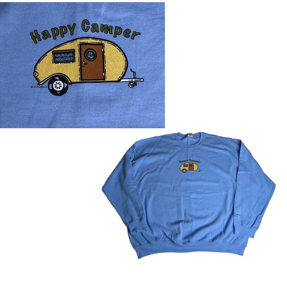 Happy Camper Blue Crewneck Pullover Sweatshirt Topsail Park Womens 3XL Camping